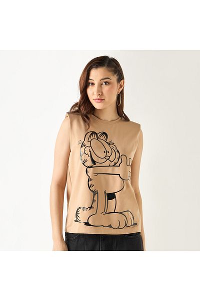SP Characters Garfield Print Sleeveless T-shirt with Crew Neck