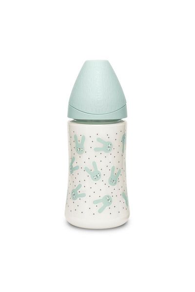 Suavinex Biberon 270 ml cu tetin? rotund? din silicon, 3 fluxuri, iepura? verde Hygge Suavinex