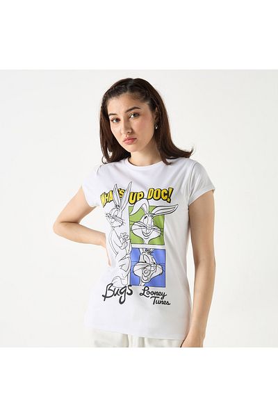 SP Characters Bugs Bunny Print Crew Neck T-shirt with Short Sleeves