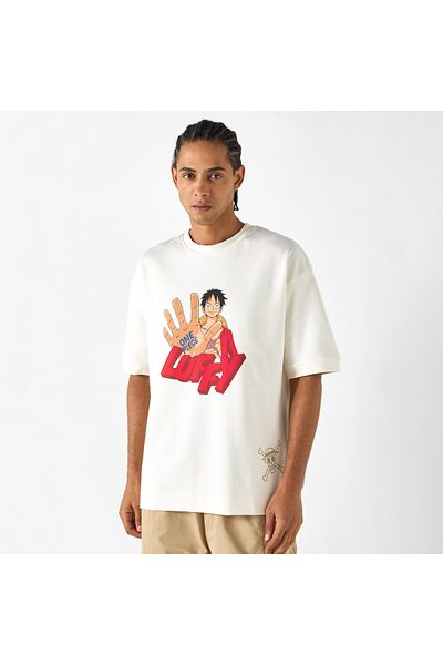 SP Characters Luffy Print T-shirt with Short Sleeves and Crew Neck