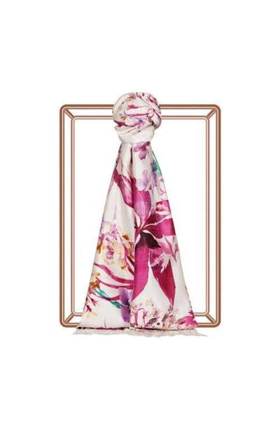 ipekevi Eșarfă de mătase cu model Grădina Botanică 05778 Alb - Mov