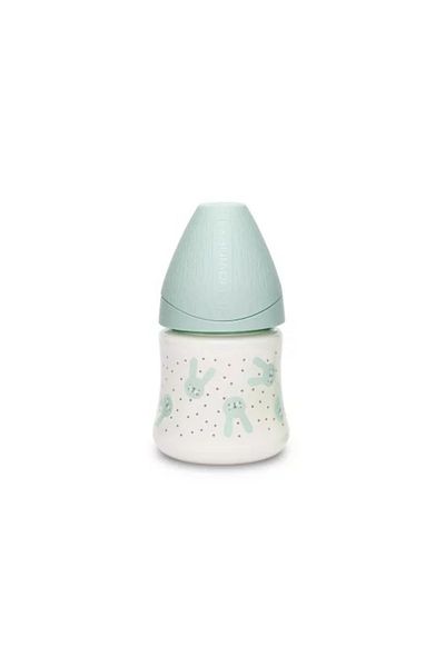 Suavinex Biberon 150 ml cu tetin? rotund? din silicon, debit lent, iepura? verde Hygge Suavinex