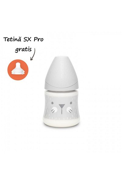 Suavinex Biberon 150 ml cu tetin? rotund? din silicon, debit lent, pisic? gri Hygge Suavinex