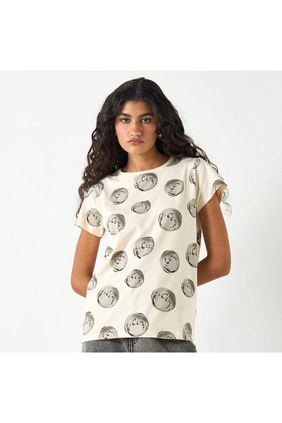SP Characters All-Over S.W. Smiley Print Crew Neck T-shirt with Short Sleeves