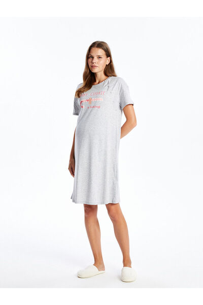 LC Waikiki Gray Crew Neck Printed Maternity Nightdress