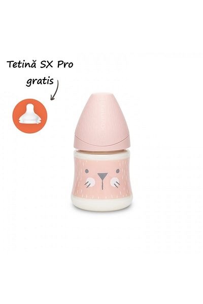 Suavinex Biberon 150 ml cu tetin? rotund? din silicon, debit lent, pisic? roz Hygge Suavinex