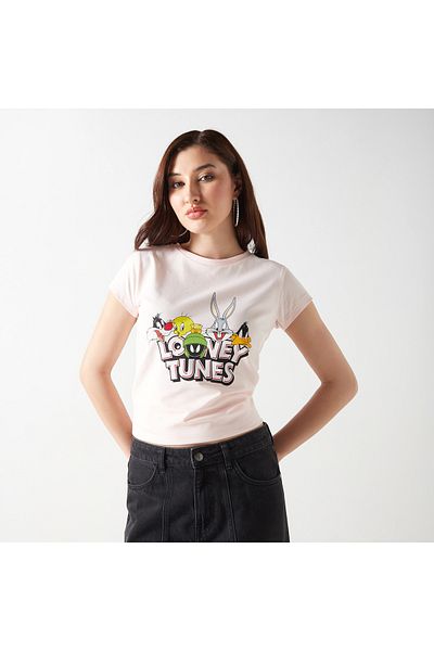 SP Characters Looney Tunes Print Crew Neck T-shirt with Short Sleeves