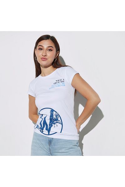 SP Characters Wednesday Graphic Print T-shirt with Crew Neck and Cap Sleeves