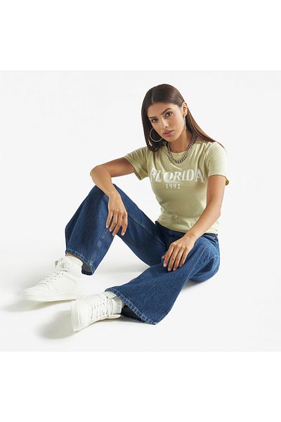 FAV Typography Print T-shirt with Crew Neck and Short Sleeves