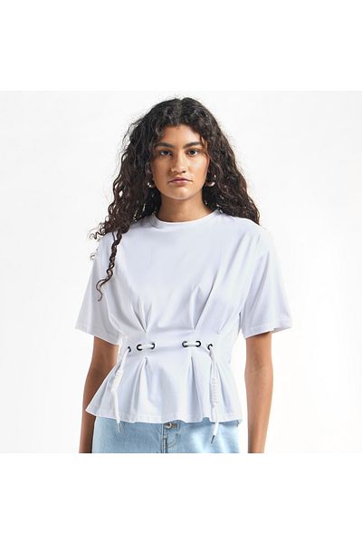 FAV Pleated Top with Short Sleeves and Crew Neck