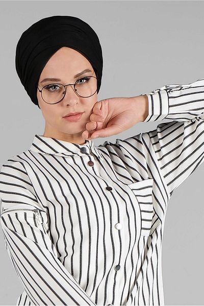 TRENDTESETTÜR Κρεμ ριγέ κλασικό γιακά γυναικείο τουνίκ - με κουμπί T 3426