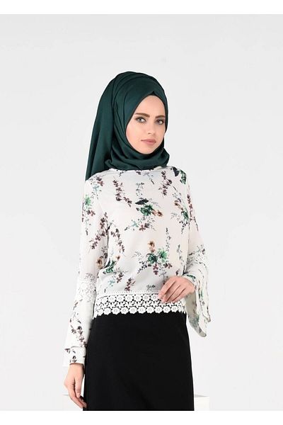 TRENDTESETTÜR Women's Ecru (EKRU-GREEN) Floral Patterned Blouse 3011
