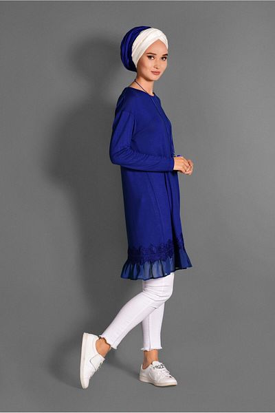 TRENDTESETTÜR Women's Navy Blue (SAKS) Combed Cotton Tunic with Skirt Detail 4594