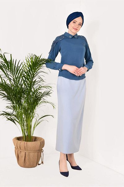 TRENDTESETTÜR Γυναικεία μπλούζα Navy Blue (INDIGO) με λεπτομέρεια με χάντρες στον γιακά και στους ώμους 8146
