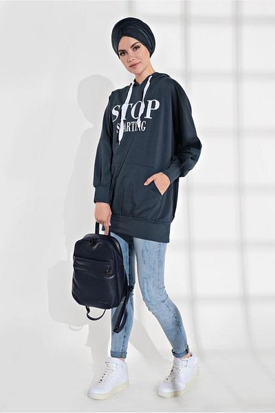 TRENDTESETTÜR Women's Navy Blue Text Printed Pocketed Tracksuit Tunic 6102