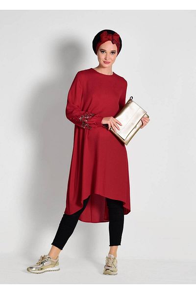 TRENDTESETTÜR Women's Red Embroidery Detailed Asymmetric Cut Tunic 09071