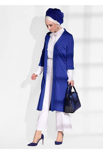 TRENDTESETTÜR Navy Blue Saks Women's Cardigan - Side Slit Detail 124