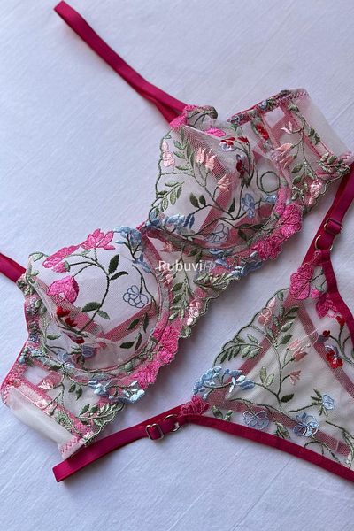 Rubuvi Defne Women's Floral Print Lace Tulle Bralet and Dowry Lingerie Set