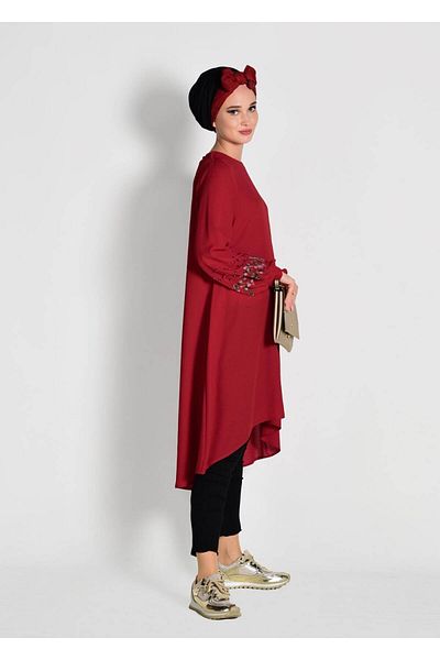 TRENDTESETTÜR Women's Red Embroidery Detailed Asymmetric Cut Tunic 09071