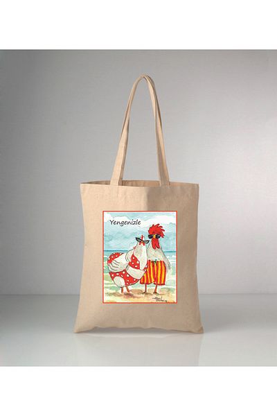 GİFTORA Our Animals Chicken and Rooster Printed Raw Cloth Shoulder Bag 35X40 cm
