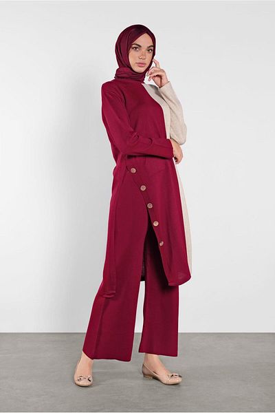TRENDTESETTÜR Women's Fuchsia (FUCHIA-BEIGE) Button Detailed 2-Color Double Pants Set 6102