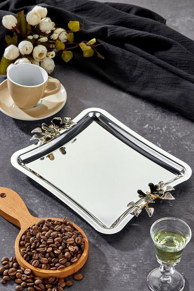 Milenay Elegante Duo Luna Nera - Handle Patterned Chrome Presentation Tray, 22cm, Single Piece