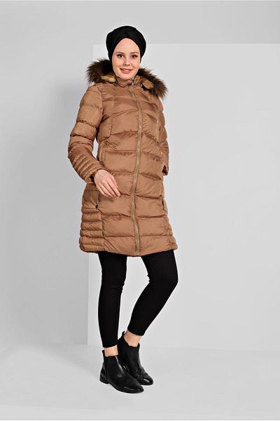 TRENDTESETTÜR Γυναικείο καφέ (K.CAMEL) Πουπουλένιο παλτό με γούνα κουκούλα 1007