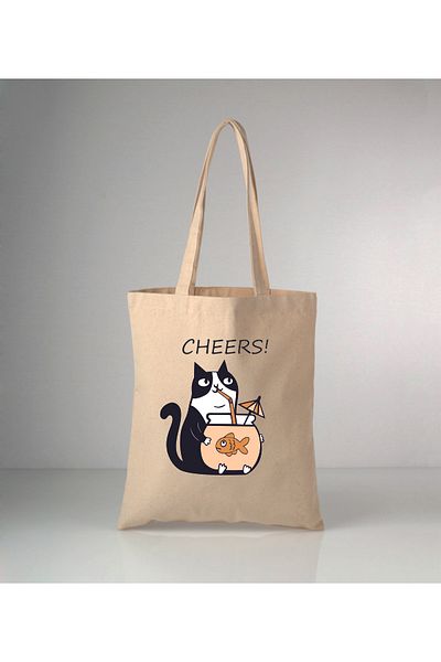 GİFTORA Our Animals Cat and Fish Printed Raw Cloth Shoulder Bag 35X40 cm