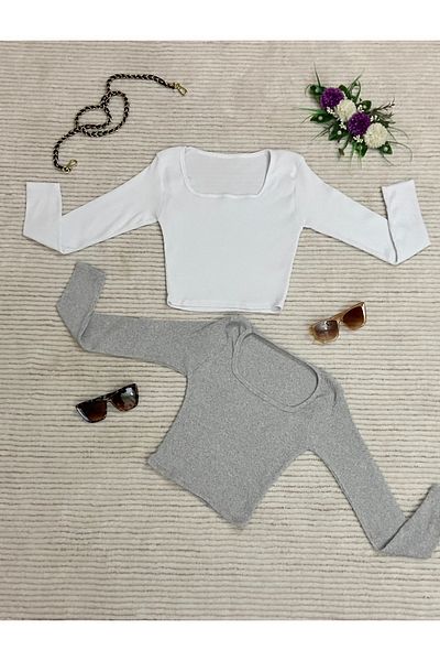 Lorya Giyim Pack of 2 100% Cotton Ribbed Camisole Square Collar Long Sleeve Crop Blouse