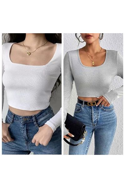 Lorya Giyim Pack of 2 100% Cotton Ribbed Camisole Square Collar Long Sleeve Crop Blouse