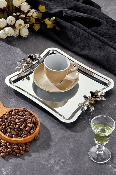 Milenay Elegante Duo Luna Nera - Handle Patterned Chrome Presentation Tray, 22cm, Single Piece