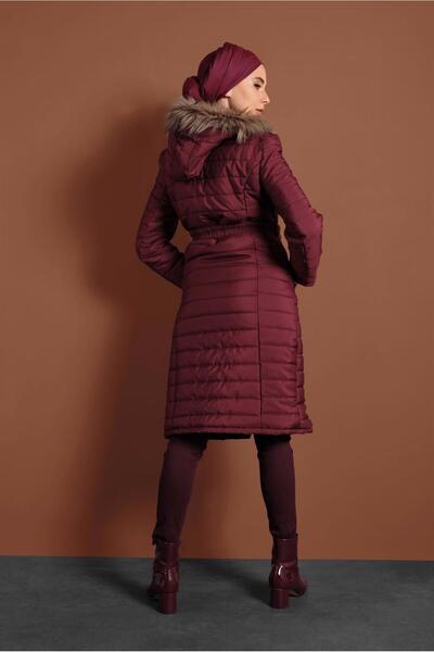 TRENDTESETTÜR Burgundy Hooded Women's Puffer Coat - 3006