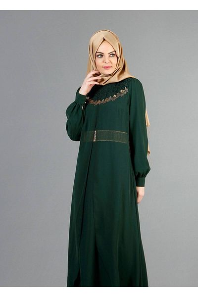 TRENDTESETTÜR Green Guipure Detailed Chiffon Women's Evening Dress - ZEMRUT 52411