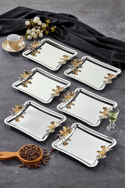 Milenay Elegante Square Series, Duo Volo Prezioso Handle Patterned Chrome Presentation Promise Engagement Tray, 22cm, 6 Pieces