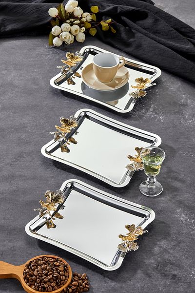 Milenay Elegante Square Series, Duo Volo Prezioso Handle Patterned Chrome Presentation Promise Engagement Tray, 22cm, 3 Pieces