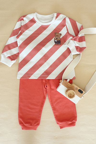 damdamin Boy's Cotton Crew Neck Applique Teddy Bear Detail Elastic Legs Bottom Set