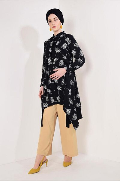 TRENDTESETTÜR Black Floral Asymmetrical Women's Tunic - t 8126