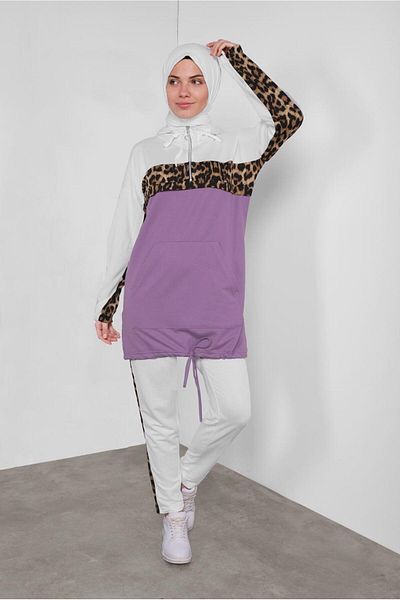 TRENDTESETTÜR Women's Purple (LILA) Leopard Patterned Sweatpants Suit with Double Pants 1255