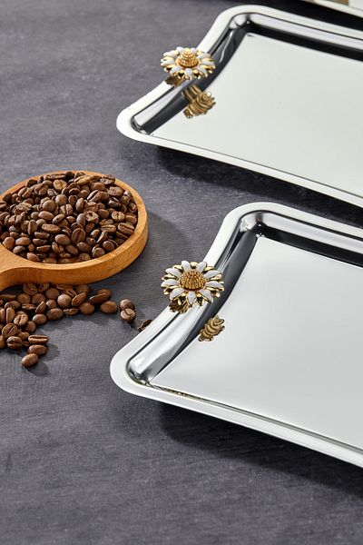 Milenay Duo Bella Flora Square Presentation Tray - Chrome, Handle Pattern, 22X16Cm, 3 Pieces
