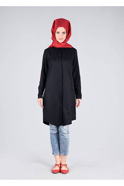 TRENDTESETTÜR Women's Black T 57115 Allday-Embroidered Hijab Tunik