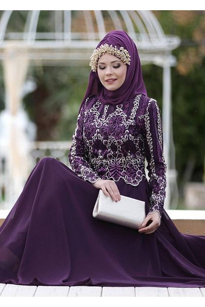 TRENDTESETTÜR Women's Purple Embroidered Chiffon Evening Dress 8608