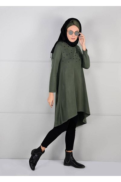 TRENDTESETTÜR Women's Khaki Pearl Embroidered Wide Cut Tunic 03051