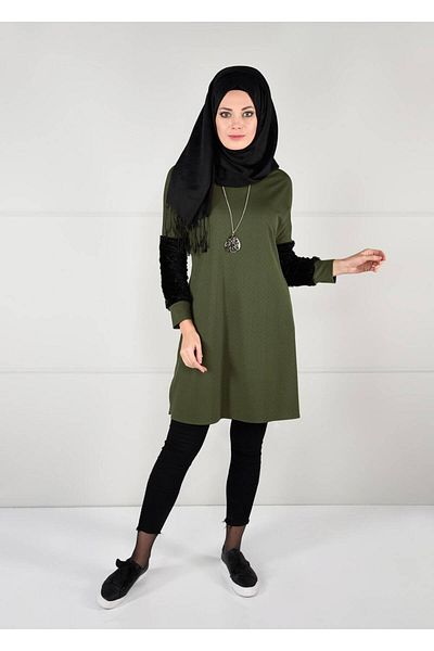 TRENDTESETTÜR Women's Khaki Sleeves Plush Detailed Tunic 5251