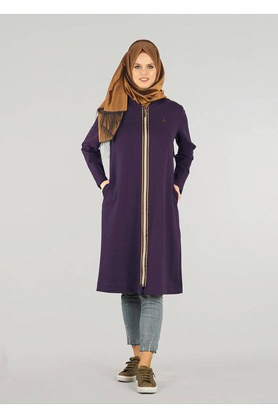 TRENDTESETTÜR Women's Purple T 1709 Allday-Zipper Detailed Hijab Tunik