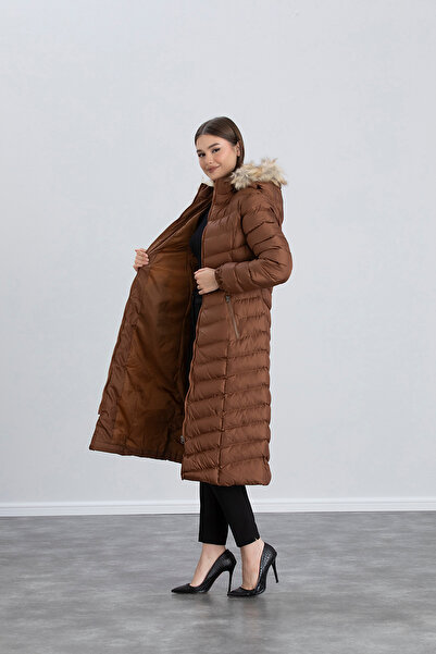 Space Fashion Μακρύ γυναικείο πουπουλένιο παλτό Tan Hooded - Γούνινο