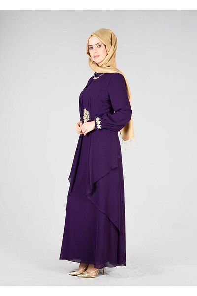 TRENDTESETTÜR T 64525 Fy Collection- Women's Purple Guipure Detailed Evening Dress