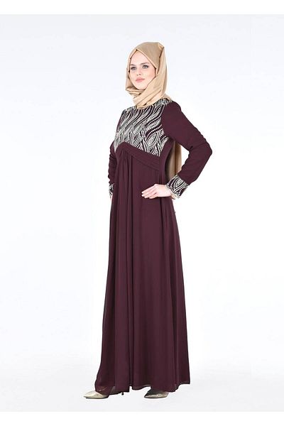 TRENDTESETTÜR Women's Plum T 66525 Fy Collection-Embroidery Detailed Hijab Evening Dress