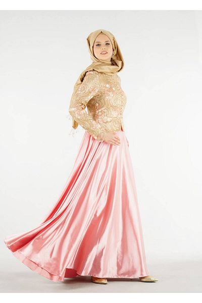 TRENDTESETTÜR Women's Gold (GOLD-SOMON) Turtleneck Embroidered Evening Dress 7637