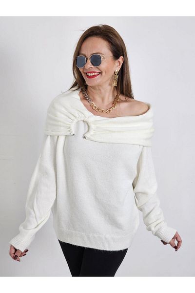 Felix Butik Feli̇x12814 Metal Buckle Madonna Collar Cream Knitwear Blouse