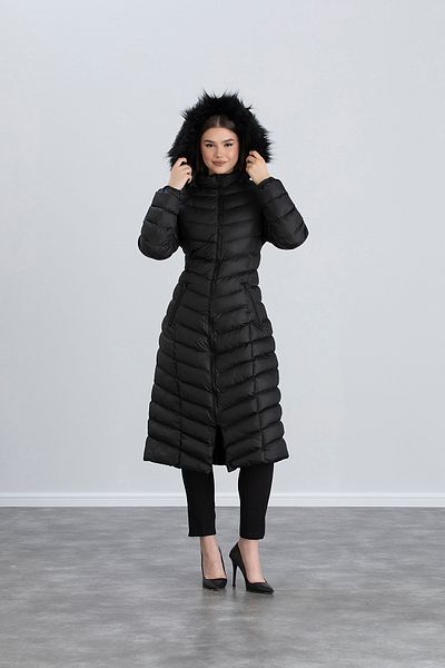 Space Fashion Palton lung negru puf pentru damă, cu glugă
